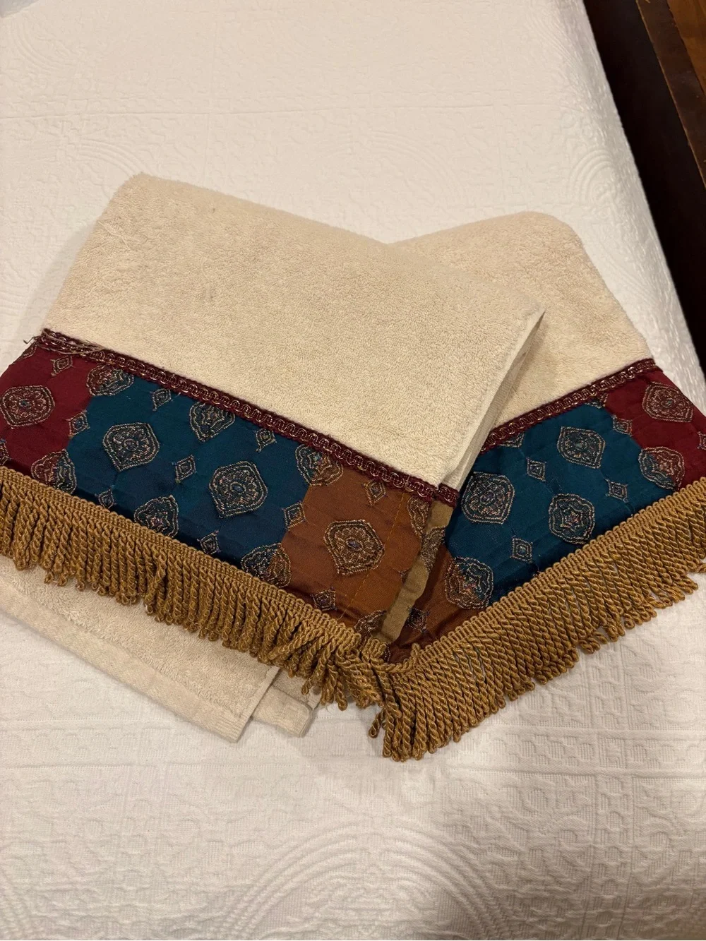Embroidered Fringe 2 bath Towels - Cream with Teal & Burgundy Accents